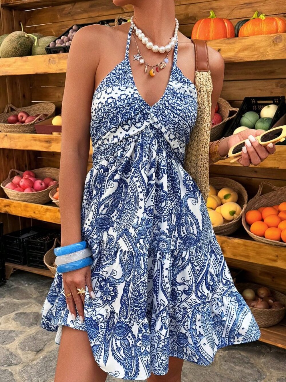 Blue And White Boho Women's Tie Neck A-Line Short Dress